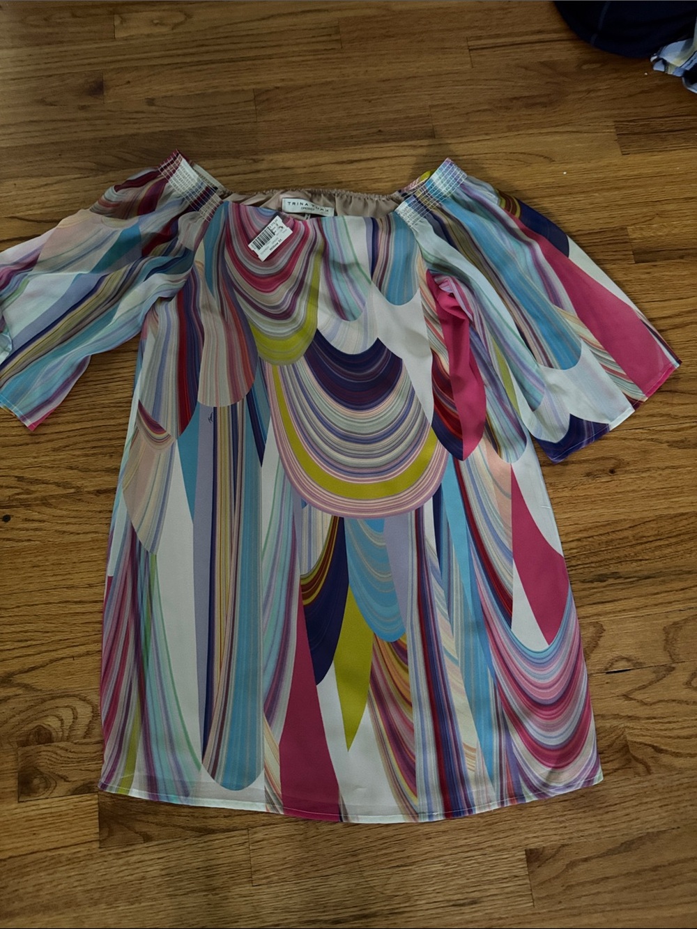 Trina Turk Multicolor Off-Shoulder Midi Dress in Pink, Blue, Yellow